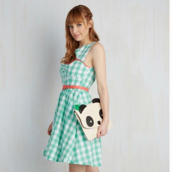 ModCloth cookout on the town cutout gingham dress S summer plaid green white - Picture 2 of 7